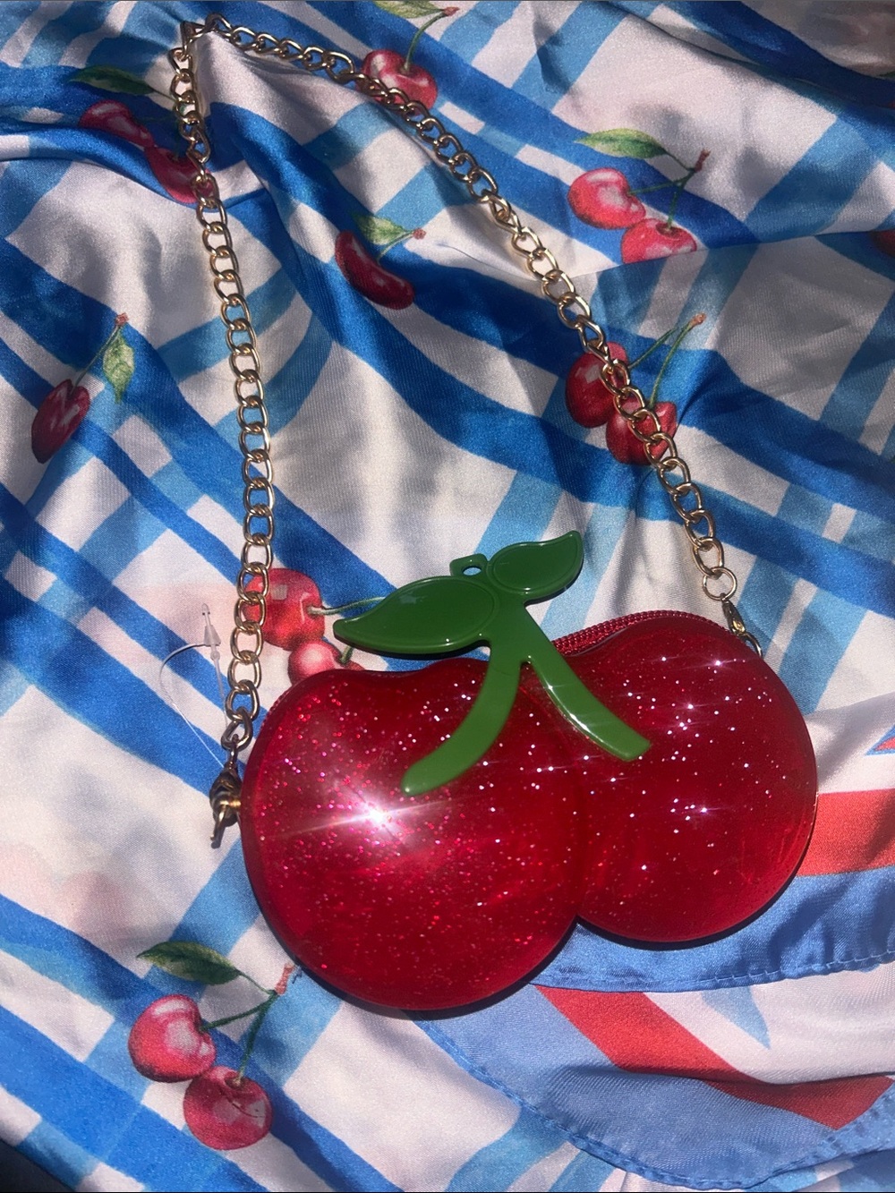 Sparkling Cherry Crossbody Bag with Gold Chain